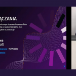 Zrzut ekranu z konferencji online przedstawiający slajd prezentacji, okienko z prowadzącym Mikołajem Rotnickim oraz okienko z tłumaczem języka migowego.