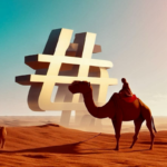 Pustynny krajobraz z wielbłądem na pierwszym planie. Na wielbłądzie siedzi beduin. W tle, na niebieskim niebie, ogromny, jasny, trójwymiarowy znak hashtagu, który jest znacząco większy od wielbłąda i dominuje na obrazie.